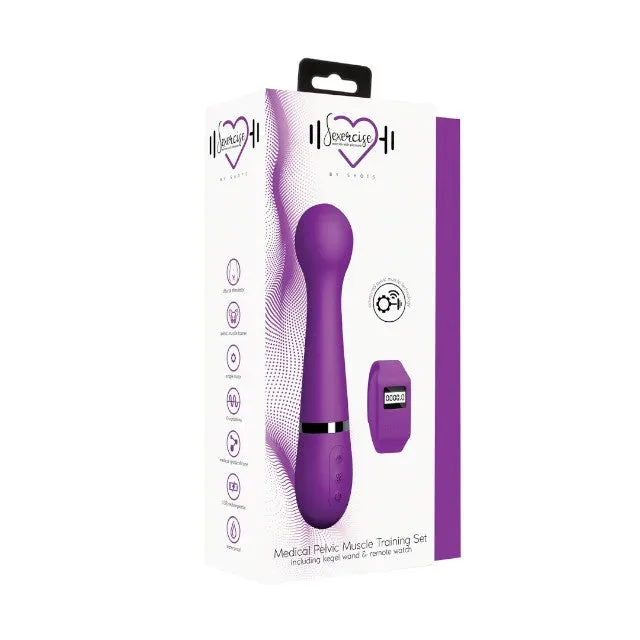 Vibrator wand SEXERCISE Pelvic Muscle Training Set. pentru exerciții kegel. 10 funcții de vibrație. control prin telecomandă tip ceas. mov