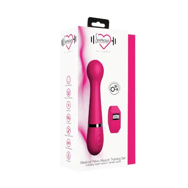 Vibrator wand SEXERCISE Pelvic Muscle Training Set. pentru exerciții kegel. 10 funcții de vibrație. control prin telecomandă tip ceas. roz